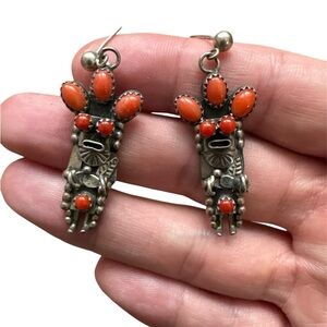Vintage Sterling Silver Navajo Coral Kachina Earrings 1.5” Signed Hallmarked